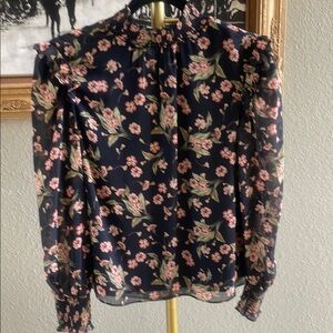 1. State Pink and Orange Ruffled Bishop Sleeve Blouse